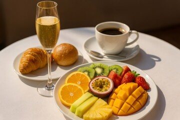 Plate of sliced tropical fruit, croissant, bread roll, glass of champagne and cup of coffee served for breakfast on a white table