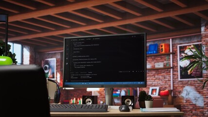 Programming language code editor software displayed on PC screen in home workspace, illustrating technology driven collaboration and highlighting lines of code powering diverse digital solutions
