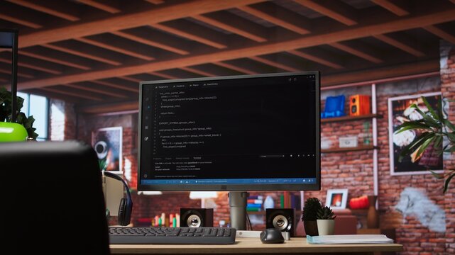 Programming language code editor software displayed on PC screen in home workspace, illustrating technology driven collaboration and highlighting lines of code powering diverse digital solutions