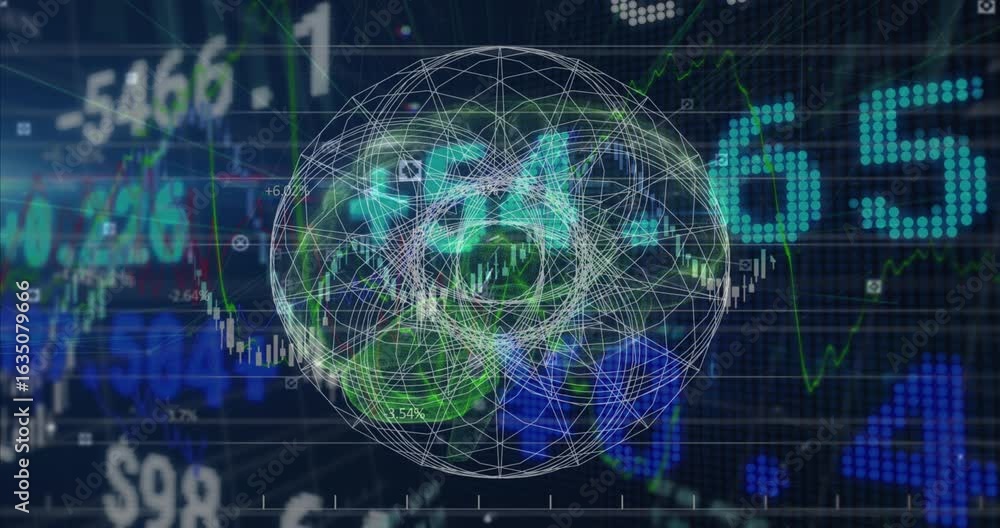 Aufkleber swirling curves forming wireframe rotating data sphere around overlay visualizing market trend