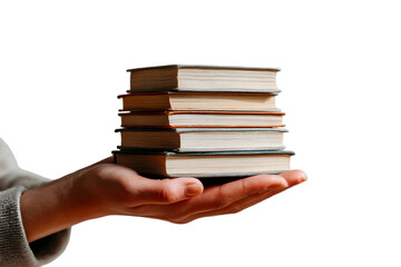 Hand holding a stack of old books isolated on transparent background