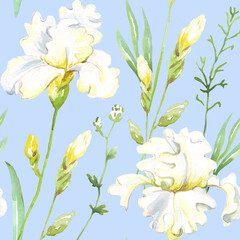 Seamless floral pattern with white watercolor irises