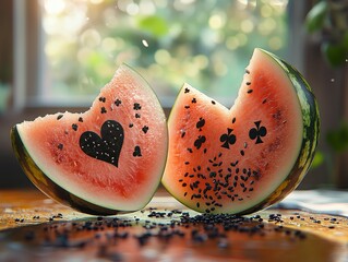 Slices of watermelon with heart and spade shapes cut into the rind. The image is vibrant, emphasizing the freshness and playful presentation of the fruit.