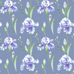Seamless floral pattern with blue watercolor irises