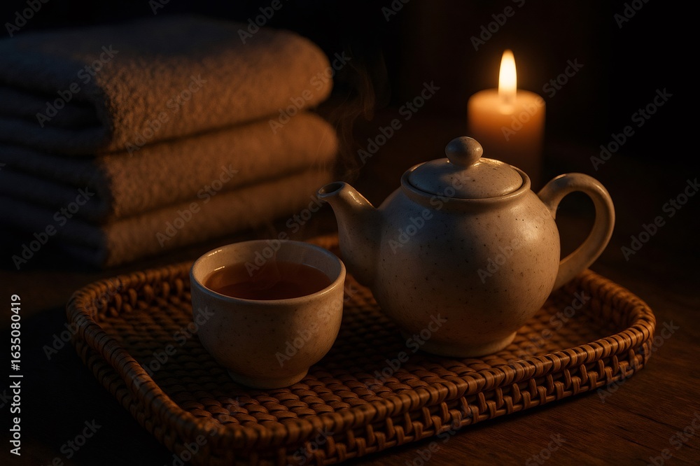 Poster steaming teapot and a filled teacup rest on a wicker tray, illuminated by the warm glow of a candle,