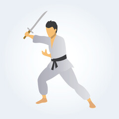 a character illustration of a karate man fighting with a sword