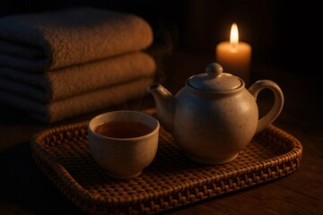 Fototapeta premium Steaming teapot and a filled teacup rest on a wicker tray, illuminated by the warm glow of a candle, beside a stack of soft towels, creating a tranquil and inviting scene