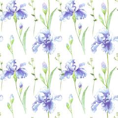 Seamless floral pattern with blue watercolor irises
