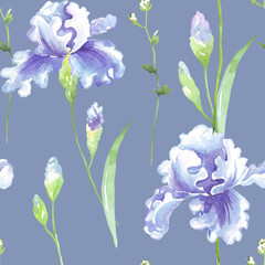Seamless floral pattern with blue watercolor irises