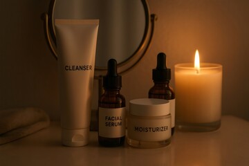 Cleanser, moisturizer, facial serum and burning candle on bathroom counter create a relaxing evening atmosphere for skincare routine