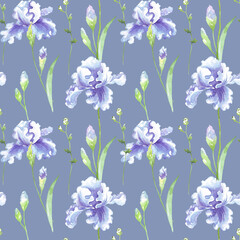 Seamless floral pattern with blue watercolor irises