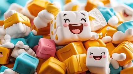 Colorful marshmallows with faces are piled together, creating a cheerful scene. The bright colors and expressions give a sense of fun and whimsy.