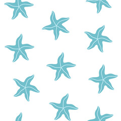 Obraz premium Minimalistic vector seamless pattern featuring hand-drawn blue starfish. Isolated background. For printing packaging, wallpaper, fabric, textile, card, summer, ocean, beach, marine and kids design.