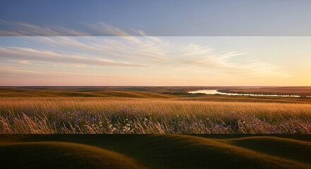 Obraz premium Breathtaking sunset illuminating a tranquil field of tall grass on rolling hills, a picturesque scene of natural beauty in the vast countryside.