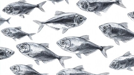 Silvery Fish Swimming School Isolated on White Background for Aquatic Education Concept