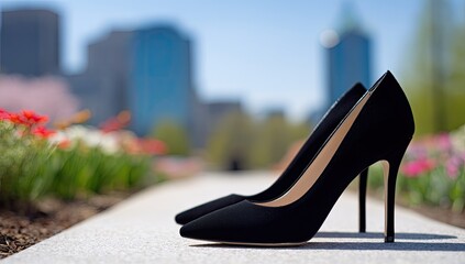Black heels, city park path, spring flowers, urban background; fashion photoshoot