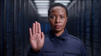 A focused individual stands in a server room, raising a hand to signal or indicate caution, surrounded by rows of technology.
