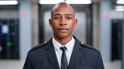 Fototapeta premium A confident individual in a formal uniform stands in a modern, brightly lit environment, exuding professionalism and authority.