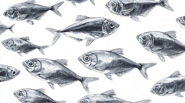 Silvery Fish Swimming School Isolated on White Background for Aquatic Education Concept