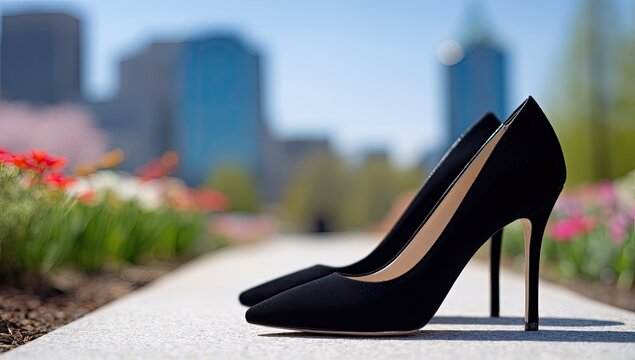 Black heels, city park path, spring flowers, urban background; fashion photoshoot