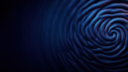 Obraz premium An abstract representation of a fingerprint swirling in blue tones against a dark background, symbolizing identity and uniqueness.