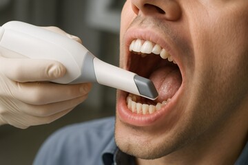 Dentist using innovative technology for creating accurate 3D model of patient's teeth, ensuring precise and personalized dental care