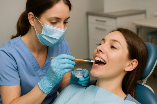 Dentist wearing surgical mask and gloves applying fluoride treatment to young woman's teeth in dental clinic - Powered by Adobe