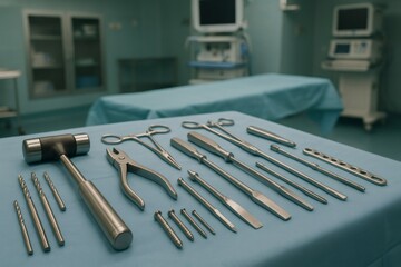 Close up of various stainless steel orthopedic surgery tools arranged on a blue surgical drape in a sterile operating room, ready for use