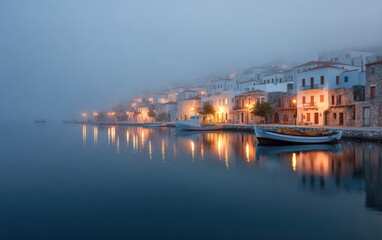Obraz premium Dreamy seafront village with vibrant buildings and anchored boats glowing warmly in evening mist, perfect for peaceful vacation branding, scenic travel content, and atmospheric dusk photography.