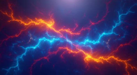 Fototapeta premium Vibrant collision of orange and blue electrical energy on a dark cosmic background. Abstract plasma design representing power, conflict, and futuristic technology.