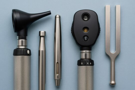 Medical instruments arranged on a blue background represent healthcare, diagnostics, and the tools used by doctors for physical examination