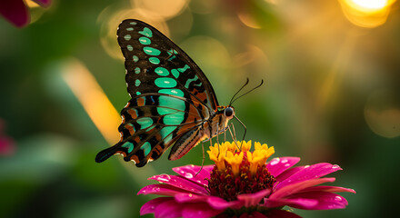Fototapeta premium Butterfly perched on magenta flower at dawn
