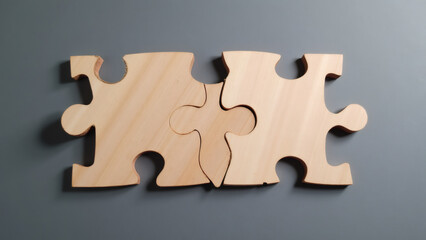 Obraz premium Three Wooden Jigsaw Puzzle Pieces Interlocking Against Gray Background