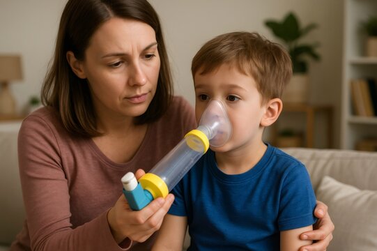 Worried mother assisting her asthmatic child breathe using a pressurized metered dose inhaler with valved holding chamber