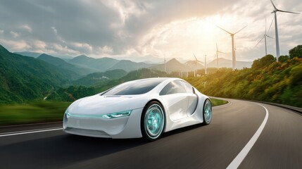 Fototapeta premium futuristic electric car driving on a road with wind turbines