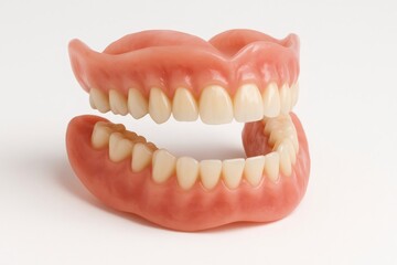 Obraz premium Set of dentures resting on a clean white background, illustrating the importance of dental health and the role of prosthetics in oral care