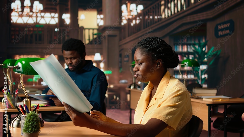 Poster african american stressed scholar failing to comprehend and memorize lesson notes, struggling to lea
