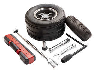 Car tire and repair tools isolated on transparent background