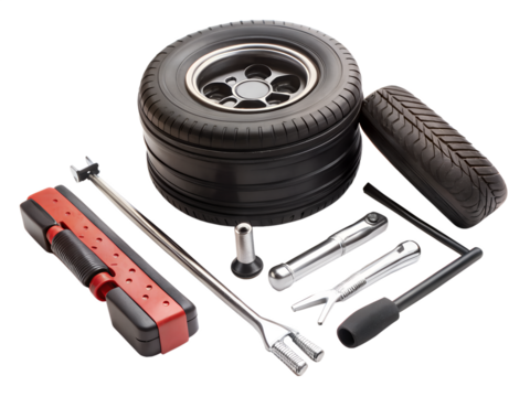 Car tire and repair tools isolated on transparent background