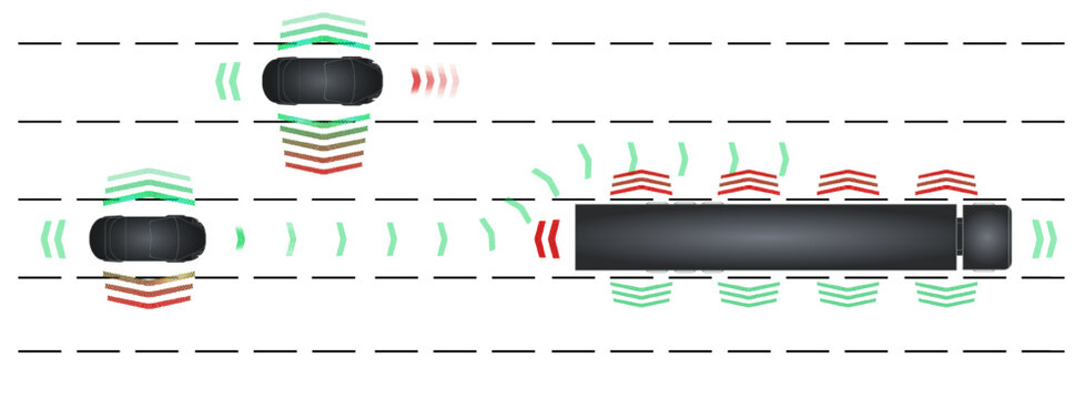 Two vehicles engage advanced sensor technology to aid in parallel parking on a busy road. The left car scans for nearby obstacles while signaling intent