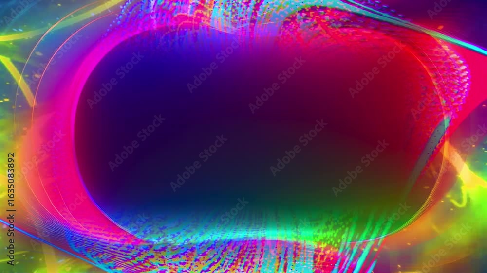 Poster mock up copy space neon frame with vibrant abstract animation with swirling lights and glowing multi