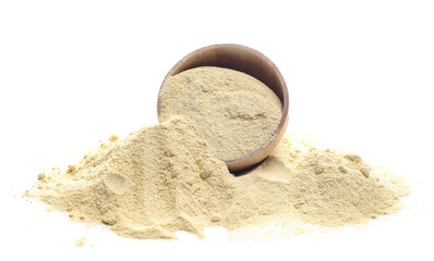 Pile ashwagandha powder in bamboo bowl, (Withania somnifera) isolated on white, side view	