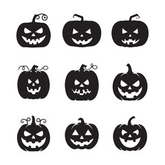 Obraz premium Spooky Halloween Pumpkin Silhouette Set – Collection of Scary Black Pumpkin Icons with Evil Expressions, Perfect for Halloween Decorations, Posters, Stickers, or Vector Graphic Design Projects