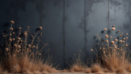 Dried thistle plants against a dark wall create a minimalist scene.