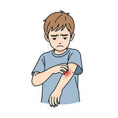 Vector of boy scratching arm with rash