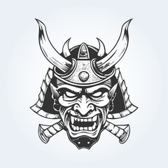 a flat illustration of a samurai mask, an oni helmet, open eyes, and an angry face