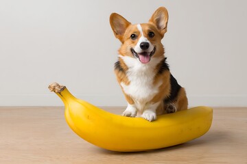 Lovely corgi dog on a giant banana in simple room  
