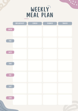 Hand drawn weekly meal plan template with colorful abstract shapes and days of the week listed vertically for easy organization