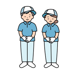 引越し業者　配送　配達　スタッフ　業者　男女　全身　イラスト素材 お辞儀　謝罪