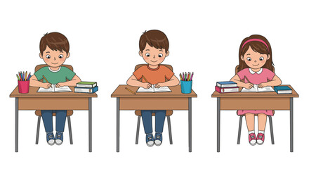 An illustration of three young students, two boys and a girl, diligently learning at their individual wooden desks.